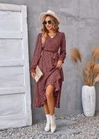 Elegante Vestido Midi de Moda Retro Cuello en V Floral Largo Mango para Mujeres - details 3