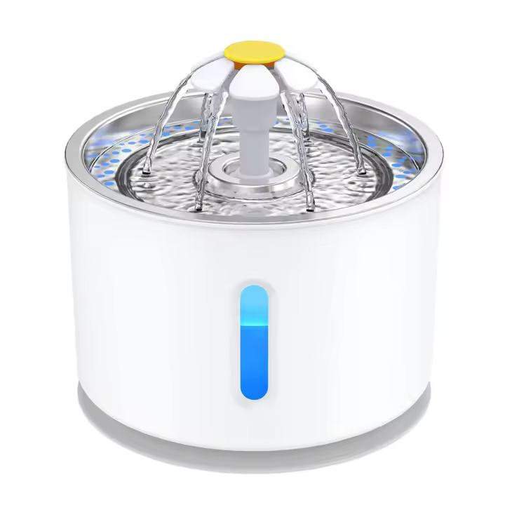 Fuente de agua para gatos de acero inoxidable, fuente para gatos de 81 oz/2,4 l con ventana de nivel de agua y luz LED para alerta de escasez de agua, fuente para perros y gatos con 3 filtros y 1 tapete - 1