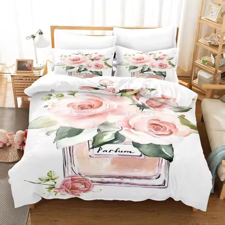 Juego de ropa de cama con Perfume personalizado, funda de edredón rosa con flores, ropa de cama, regalo romántico de moda - 1