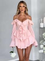 Vestido Mini de Verano 2024 Sexy Elegante con Mangas de Flecos Color Puro Sin Lazos - details 9