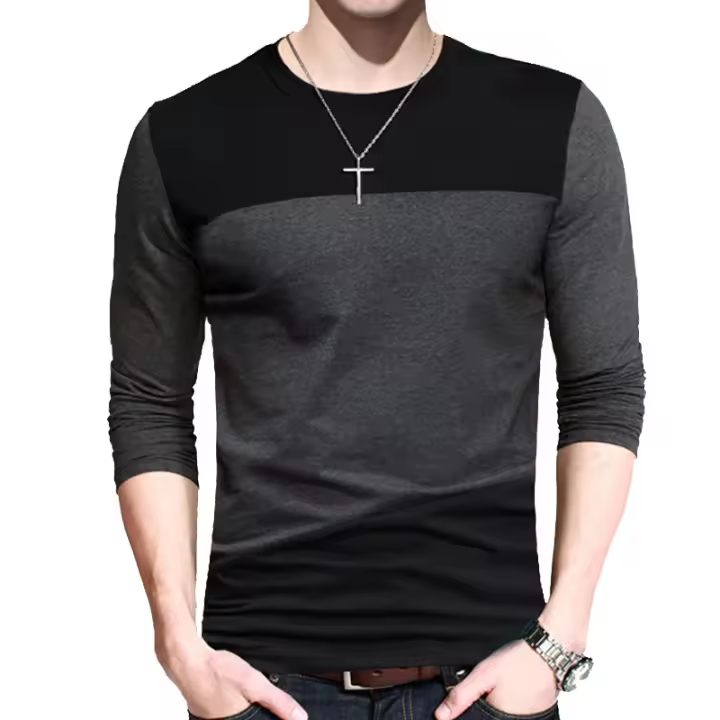 Camiseta de Estilo Vintage para Hombres CASUMANL Cuello Redondo Largo Camiseta Negro y Gris - 1