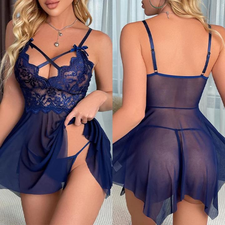 Camisón de encaje Sexy para mujer, ropa de dormir, vestido Babydoll, conjunto de lencería de malla, ropa erótica