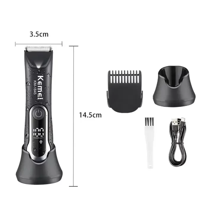 Kemei-cortadora de pelo de ingle para hombre, cortapelos eléctrico, resistente al agua, Kit de aseo púbico/cuerpo, maquinilla de afeitar de higiene, hoja de cerámica - 1