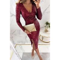 Vestido de fiesta elegante con lentejuelas brillantes con cuello en V, abertura lateral, talla única para noche, bodas, eventos especiales - details 5