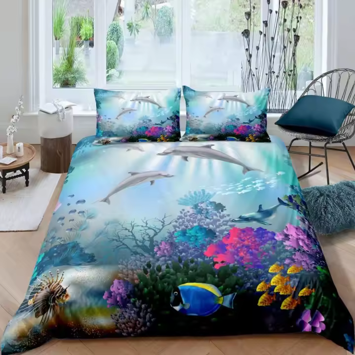 Juego de funda nórdica de delfines, bonitos animales salvajes Kawaii, tamaño King Queen, juego de cama de poliéster de tamaño completo para niños, niños y niñas, funda de edredón - 1