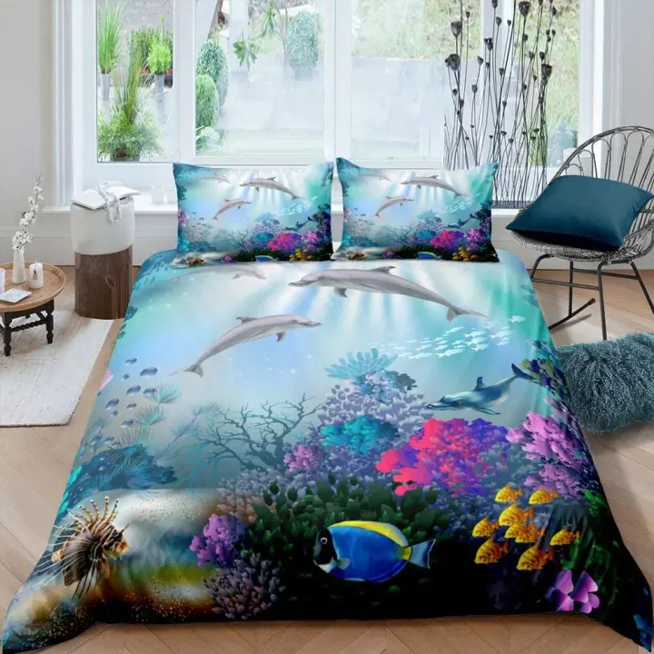 Juego de funda nórdica de delfines, bonitos animales salvajes Kawaii, tamaño King Queen, juego de cama de poliéster de tamaño completo para niños, niños y niñas, funda de edredón - 1