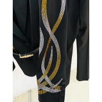 Traje de pantalón de talla grande con cuentas de diamantes para mujeres, pantalón acampanado, blazer corto con cinturón, conjunt - details 9