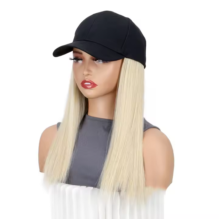 Gorra de béisbol negra sintética con peluca, postizo Natural, peluca de sombrero ajustable, pelo largo y liso de Bob esponjoso de una pieza - 1