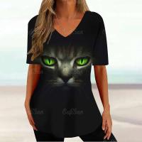 Camiseta Gráfica de Gato Kawaii Manga Corta, Estampado Haruku, Cuello en V, Ropa Suelta para Mujeres - details 3