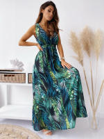 Vestido largo de verano sin mangas para mujer, prenda con estampado Vintage, cuello en V, elegante, para fiesta en la playa - details 3
