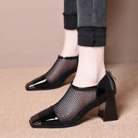 Sandalias de Punta de Hierro Versátiles para Mujer Tacón Alto Medio, Malla, Grosas para el Verano, Primavera - details 3