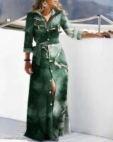 Vestido camisero para mujer, manga 2023, cuello vuelto, con cordones, estampado, Vestidos largos informales de moda de otoño - details 4