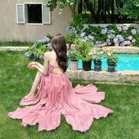 Vestido rosa con tirantes y cuello halter para vacaciones, foto junto al mar, exquisito vestido de playa de hadas, falda para vacaciones en la isla - details 3
