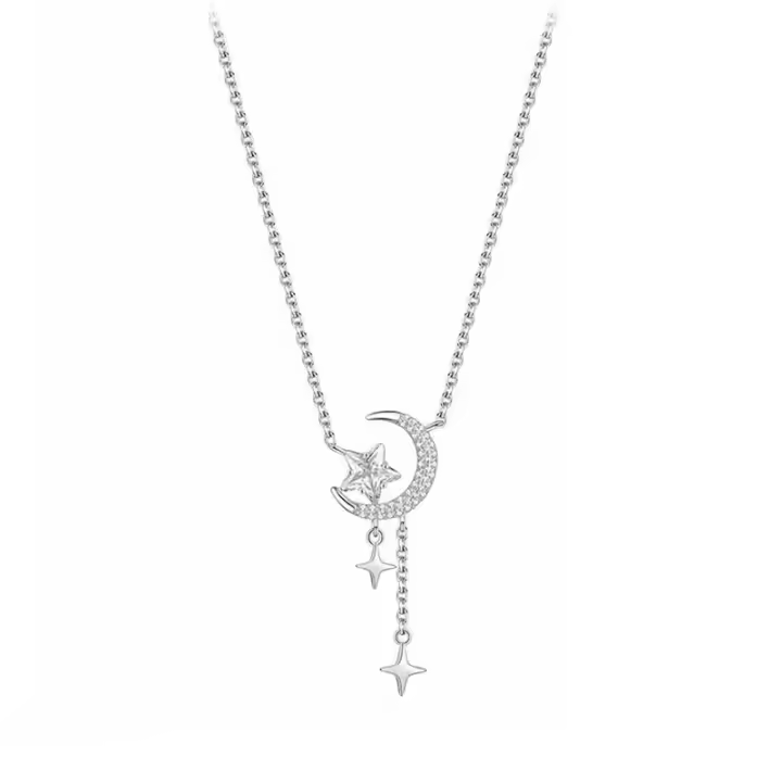 Collar de Plata Estrella y Luna S999 Lujoso Colgante de Clavícula para Mujer Joyería de Alta Gama - 1