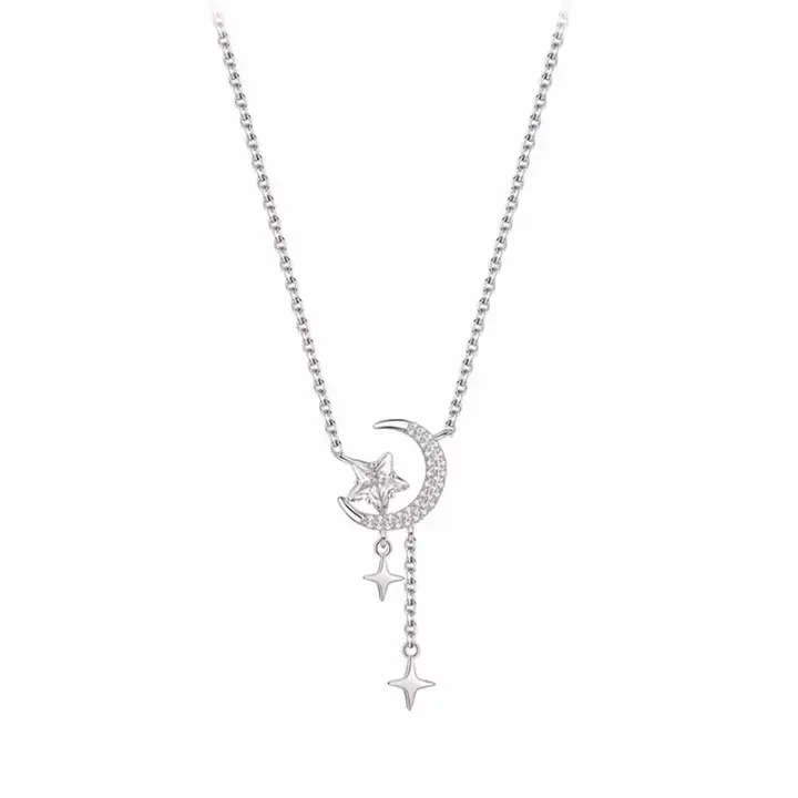 Collar de Plata Estrella y Luna S999 Lujoso Colgante de Clavícula para Mujer Joyería de Alta Gama - 1