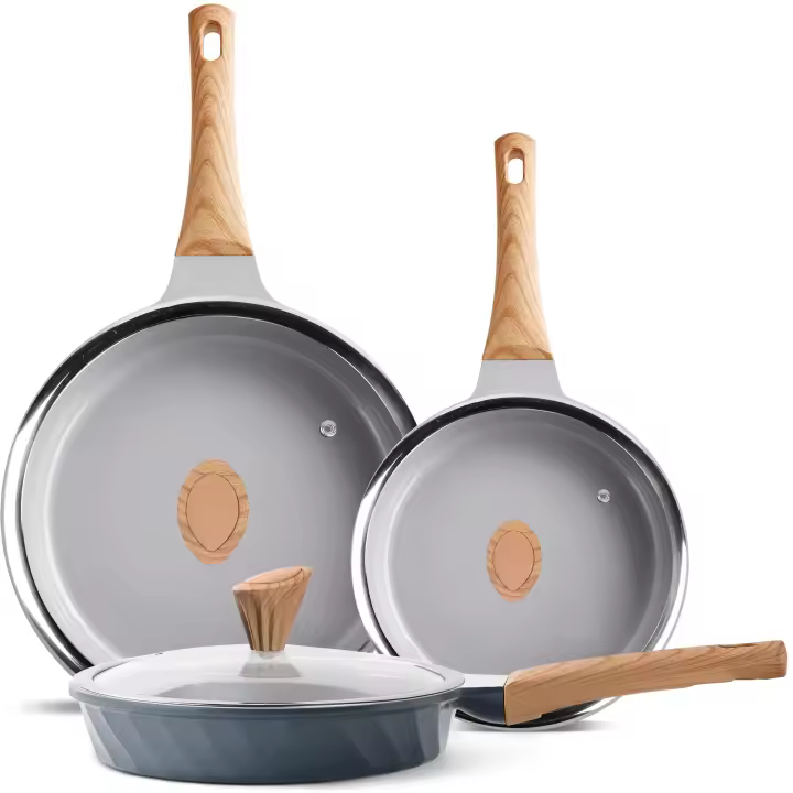 RIOVARM Céramique Antiadhésif Sets de poêles avec couvercles Induction Batteries de cuisine 20 cm 24 cm 28 cm Poêles à omelette sans PFOA Poêles à oeufs avec poignées en bakélite grain de bois - 1