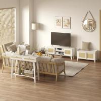 Zapatero con asiento, mueble zapatero con banco, 2 puertas de ratán, estilo bohemio, carga 130 kg, para pasillo de entrada, 80x35x45 cm, blanco y natural - details 1