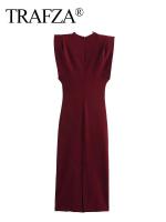 TRAFZA 2025 verano mujer moda tendencia vino rojo vestidos a media pierna ajustados mujer con plisado vestido de noche Vestidos - details 3