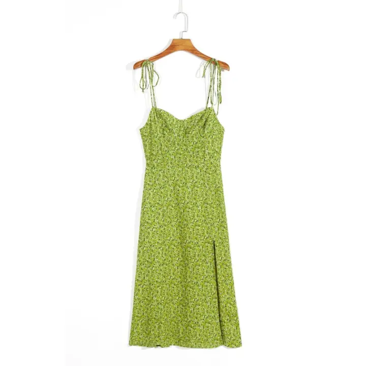 Vestido verde aguacate dividido con cordones, ligero y floral para mujer. Vestido plisado de manga corta con cuello en V. - 1
