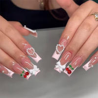 Wearable uñas lazo de diamantes piezas de cereza uñas manicura bordes franceses acabados removibles parches de uñas falsas - details 0