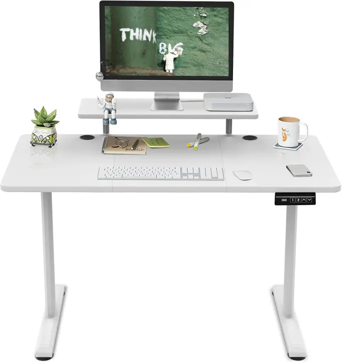120x60cm de pie Ajustable en Altura con estantes para Monitor Escritorio de pie eléctrico Ajustable en Altura Estante de Almacenamiento Home Office Tablero de Empalme Blanco - 1