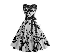 Lace patchwork floral print women summer 50s 60s elegant dress - details 76