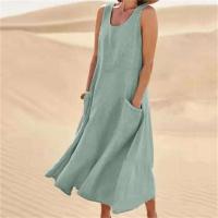 Vestido sin tirantes de lino y algodón para mujer, vestidos de colores lisos con bolsillos laterales dobles, vestido informal de verano - details 10