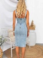 BUNO-Falda de longitud media para mujer, cuello en forma de U, informal, holgada, cintura media, de un paso Vestido vaquero, verano, 2025, novedad verde para 2024 Vestido vaquero de manga corta con cuello halter y abertura en la perforación - details 2
