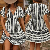 2024 nuevo vestido de vacaciones informal de verano con estampado geométrico y cuello en V y manga caída para mujer 1 - details 1