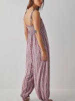 Mono holgado floral bohemio para mujer, sin mangas, con cuello barco, fruncido, con tirantes finos, mono largo holgado - details 4