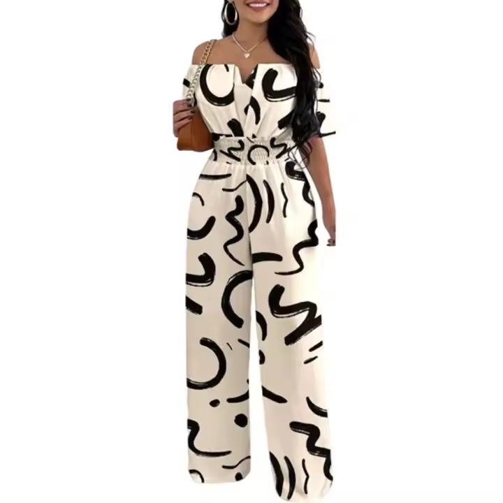 Elegante Mono Hombro Descubierto Verano 2025 Moda Tendencia en Pantalones de Pierna Ancha y Manga Corta Mono para Mujeres - 1