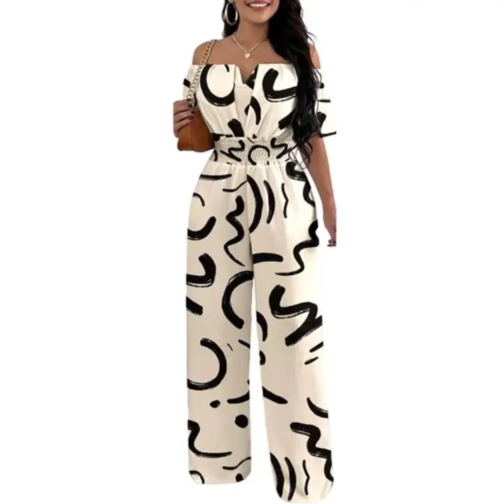 Elegante Mono Hombro Descubierto Verano 2025 Moda Tendencia en Pantalones de Pierna Ancha y Manga Corta Mono para Mujeres - 1