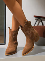 Nuevas botas cortas retro británicas delgadas con boca en V y tacón grueso de gamuza para mujer corta - details 18