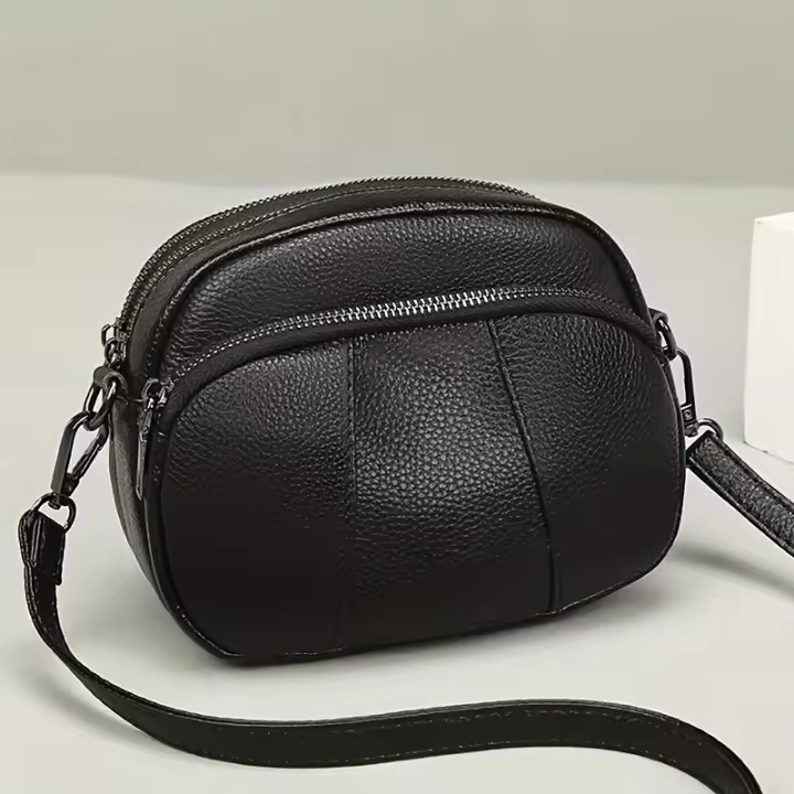 Bolso bandolera de piel auténtica para mujer con correa desmontable - Bolso de hombro con cierre de cremallera y múltiples compartimentos - 1