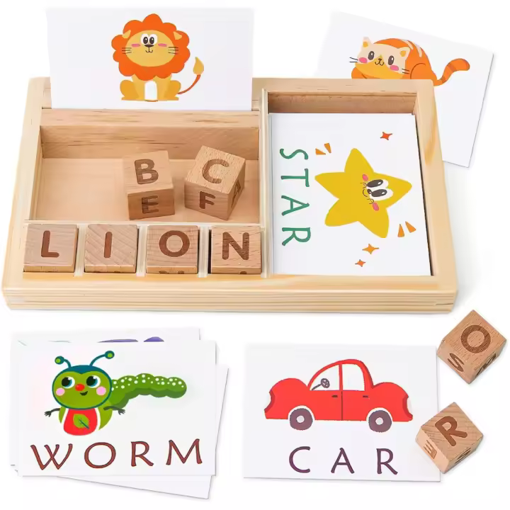 Juego de Ortografía de Madera Juego de Letras con Tarjetas de Vocabulario para Niños de 3 a 5 Años - 1