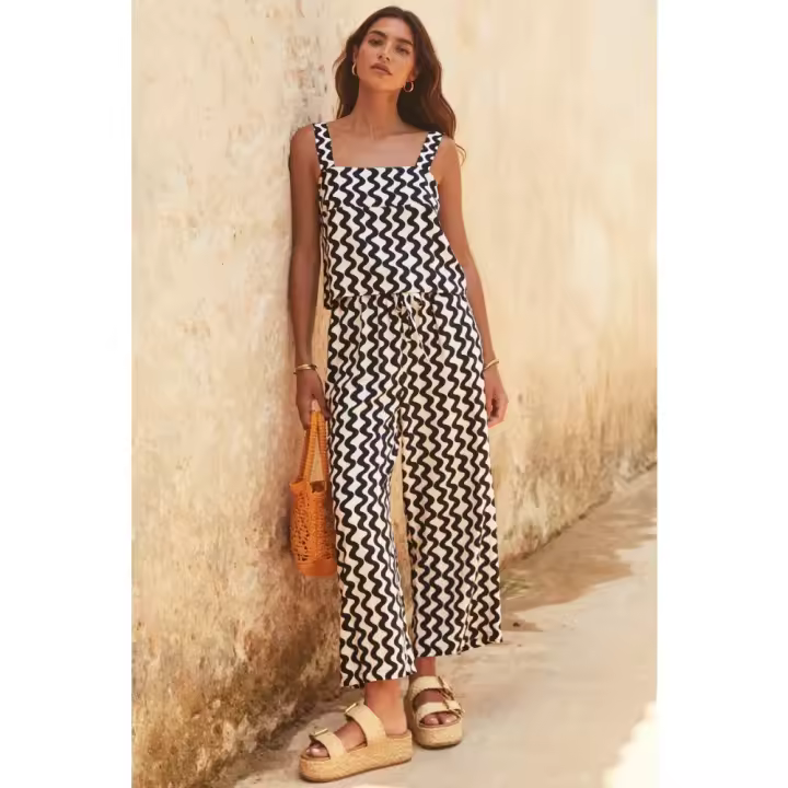 Conjunto "Verano de Mujer 2025 |   Top con cuello cuadrado estampado + pantalones anchos |   Conjunto Elegante de 2 Piezas |   Ciudad de Playa de Moda |   Tres frescos "mujeres |       + | | | - 1
