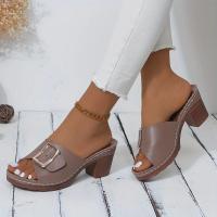 Sandalias de moda de color sólido para mujer, con hebilla, cinturón, informales, tacón grueso, diapositivas versátiles de verano - details 2