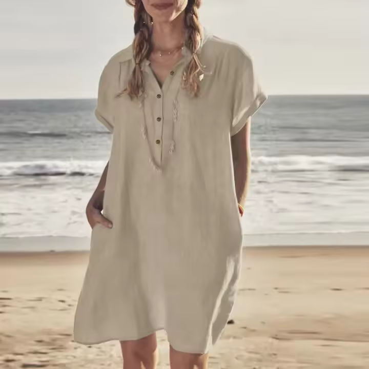 L-5XL de algodón y lino para mujer, vestido holgado de manga corta con botones y bolsillos de solapa, Color liso, talla grande, Verano - 1