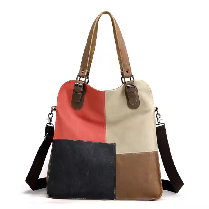 Bolsos de empalme retro para mujeres, bolsos de lona de gran capacidad, bolsos de hombro para mujeres - 1