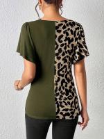 Nuevo estampado de leopardo irregular manga corta Camiseta cuello mariposa manga patchwork top mujer - details 14