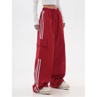 Pantalones de chándal rojos holgados informales de pierna ancha para mujer, ropa de calle de cintura alta, pantalones Cargo, pantalones Hippie para correr, ropa de primavera 2024 - details 4