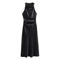 Vestido largo plisado sin mangas para mujer, prenda de seda con textura satinada, cuello redondo, elegante y a la moda - details 12