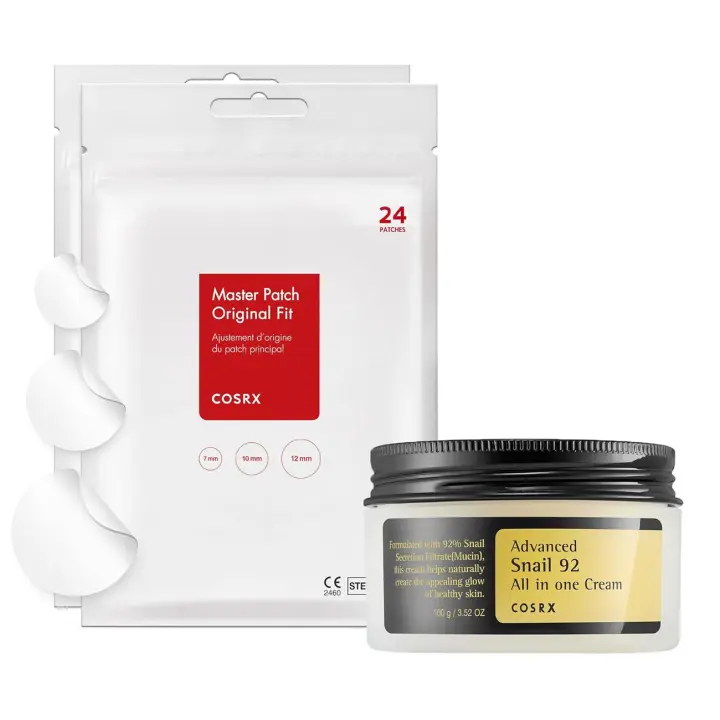 COSRX Healing Duo - Paquete de 2 parches para espinillas (48 unidades) + Mucina de caracol 92% hidratante, acné y reparación, cuidado posterior a las imperfecciones - 1