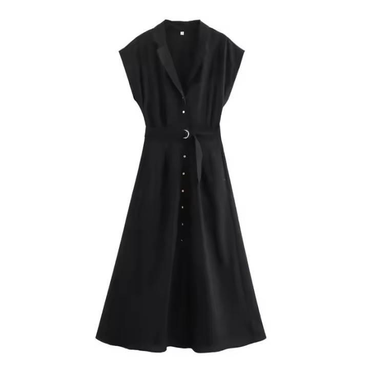- Vestido camisero sin mangas con cinturón, mezcla de lino, estilo europeo y americano para mujer - 1