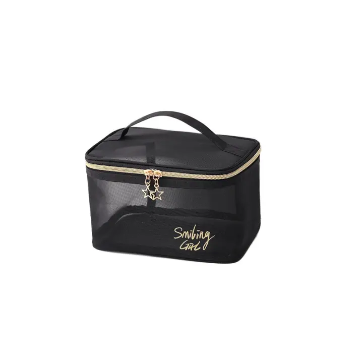 Bolsa De Maquillaje Para Mujer De Tela Malla Negra Gran Capacidad Organizador De Viaje Portátil Bolsas De Toallas De Higiene Personal - 1