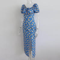 Vestido de mujer, novedad de verano 2025, vacaciones, pausa para el té, cuello cuadrado, falda de longitud media, mangas de burbuja, vestido con abertura Floral francés - details 8