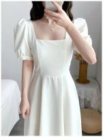 Elegante Vestido Largo Adelgazante para Mujer Manga Abullonada, Cuello Cuadrado, Ligero para el Verano con Falda Blanca Ajustada a la Cintura - details 6