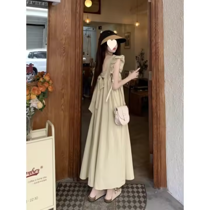 Falda junto al mar con espalda descubierta y lazo, vestido pequeño con mangas voladoras y cuello cuadrado francés para niños, falda larga estilo vacaciones - 1