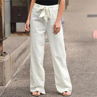 Pantalones Largos Sólidos Para Mujer Casual Algodón Lino Con Cordón Cintura Elástica Pierna Ancha Estilo Callejero Ropa De Mujer - details 2