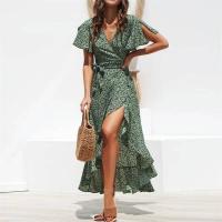 Flores de playa sexy para mujer, volantes estampados de gasa larga bohemia, vestido de escote informal con cuello con cuentas y apertura de verano - details 2